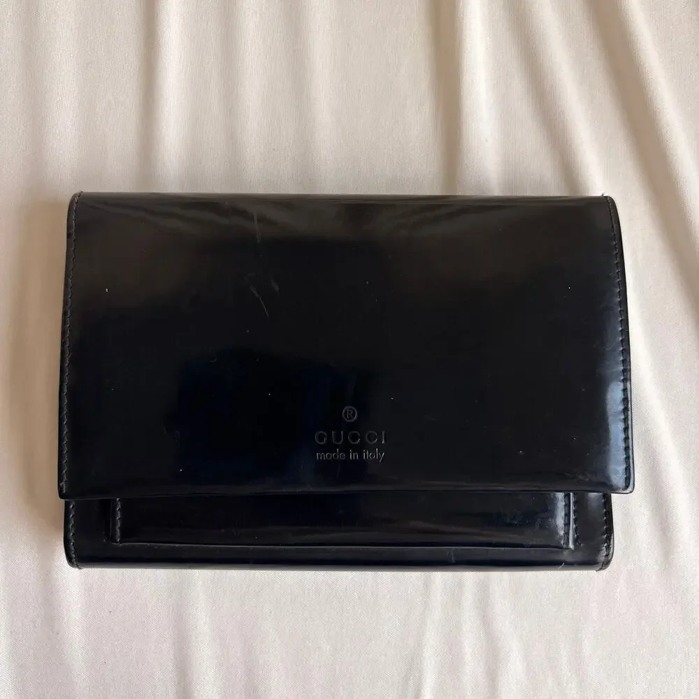 Vintage 90s Tom Ford Era Gucci Patent Logo Wallet - Black, Trifold